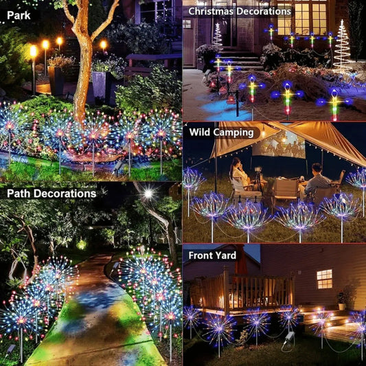 Solar LED Firework Garden Lights Outdoor 8 Modes – 320/680 LED Starburst Stake Light Warm White Colorful for Patio Walkway Camping Wedding Halloween Party Decoration – Single/4/6 Pack