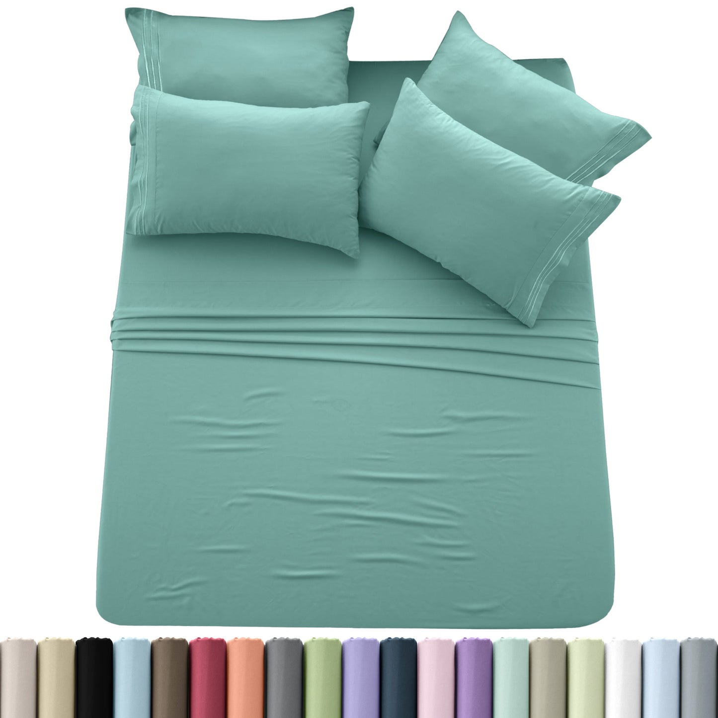 Sheet Set, Six-Piece Brushed Polyester Bedding with 16-Inch Fitted Pocket, Four Pillowcases and Twenty Colors