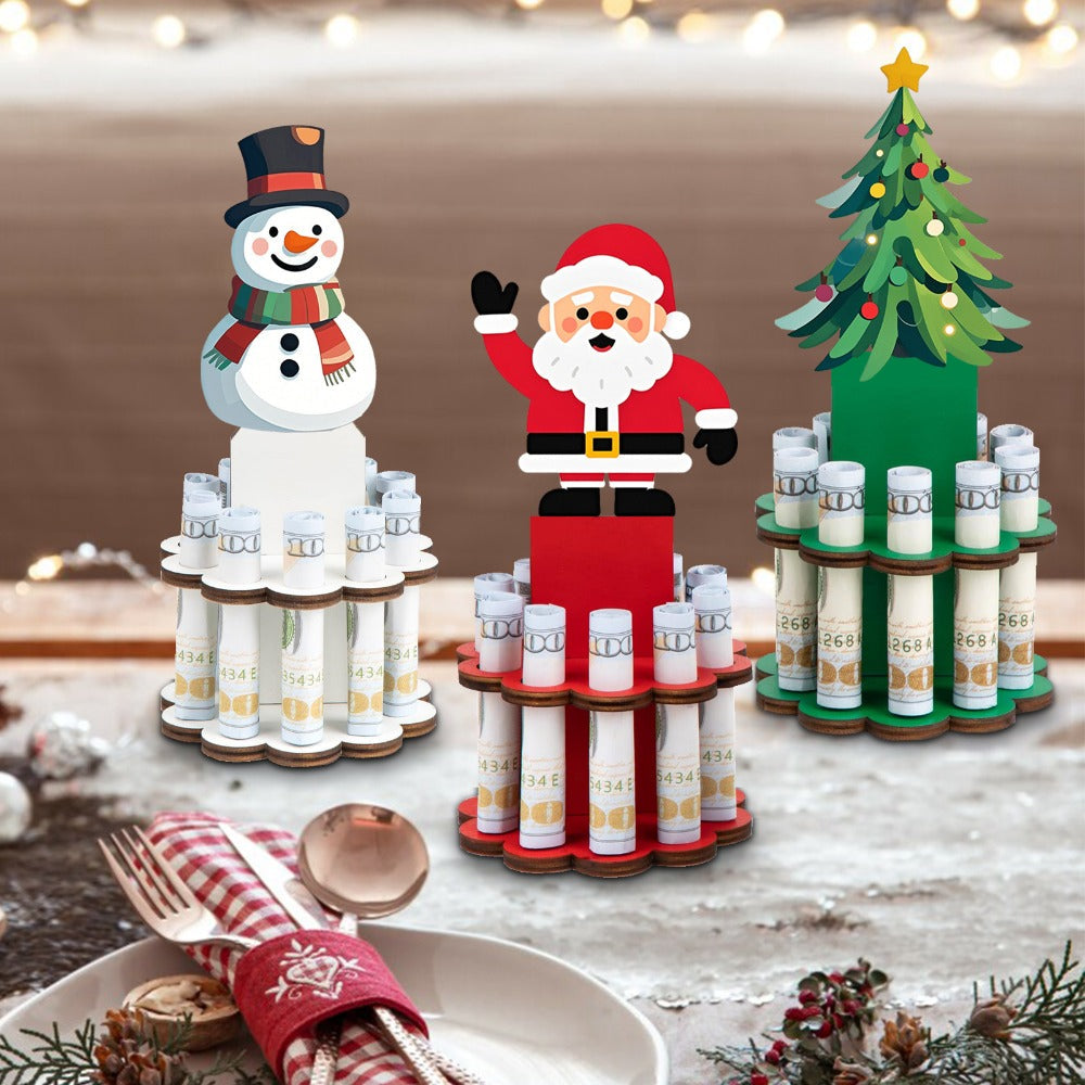 Three-Piece Santa, Snowman and Christmas Tree Rolled-Money Display Set with Ten Slots Each