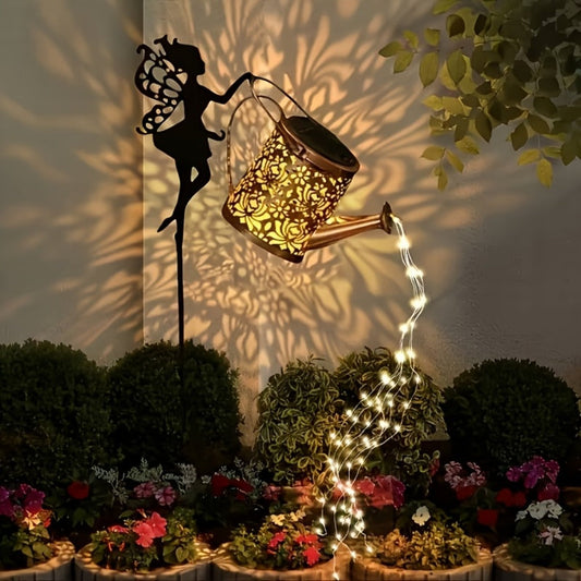 Solar Watering Can Lights 2pcs Garden Waterfall, IP65 Waterproof Hanging Solar String Lights with Ground Plug for Outdoor Lawn, Patio & Holiday Decor, Christmas Garden Gift