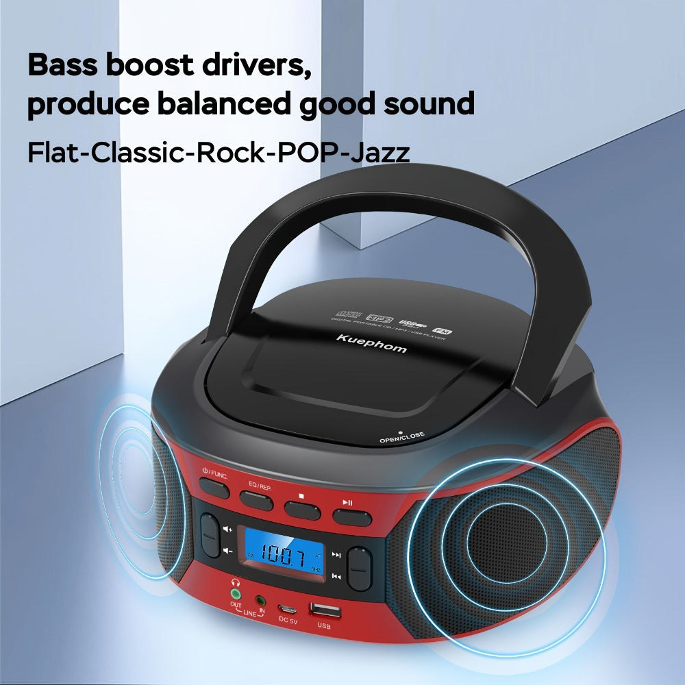 Bluetooth CD Player Boombox with FM Radio – Portable CD Boombox with AUX USB Playback, Earphone Jack, Stereo Speakers, Battery or AC Powered, CD Player for Home and Outdoor Use