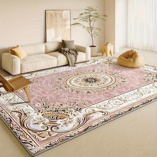 Area Rug 852 GSM Velvet Floral Check Design with Low Pile and Five Machine-Washable Room Sizes