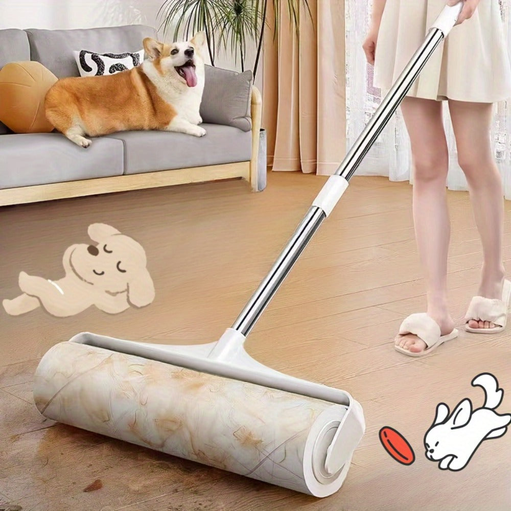 Long-Handle Pet Hair Lint Roller Set with Floor Mop Head and Three Pictured Adhesive Refill Rolls