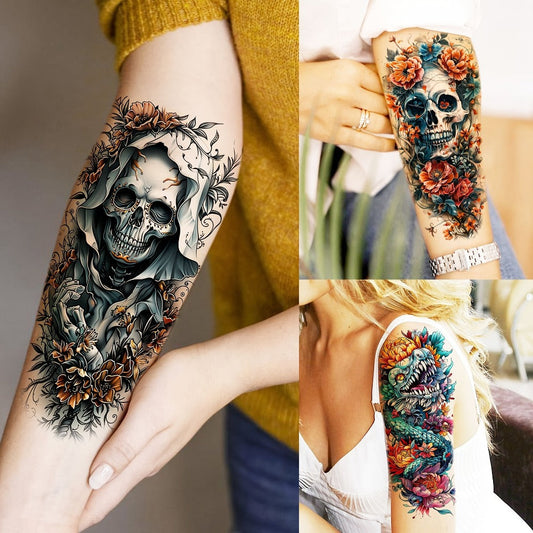 Temporary Tattoos, 71-Sheet Old School and Gothic Set with Tiger, Wolf, Lion, Dragon, Skull and Floral Motifs