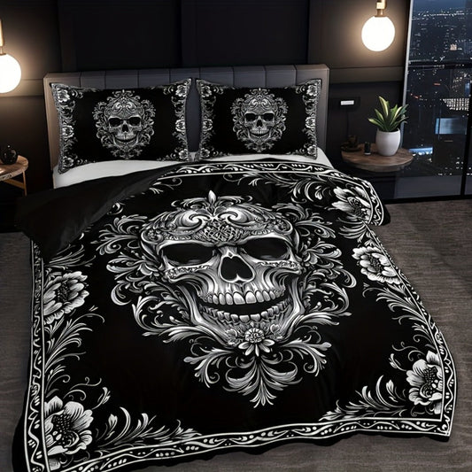 Skull Duvet Cover Set 3pcs – Gothic Victorian Baroque Black & White Skull Bedding with 2 Pillowcases, Digital Print Halloween Bedroom Decor (Twin, Full, Queen, King – No Insert)