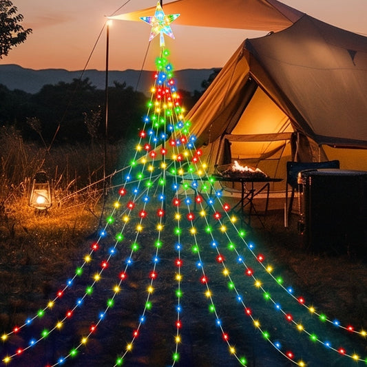 Christmas Tree Waterfall Fairy Lights 200 LED with Star Top Decoration, 8 Lighting Modes — Battery, Solar & USB Powered Indoor Outdoor Colorful Cascading Holiday Light Strip