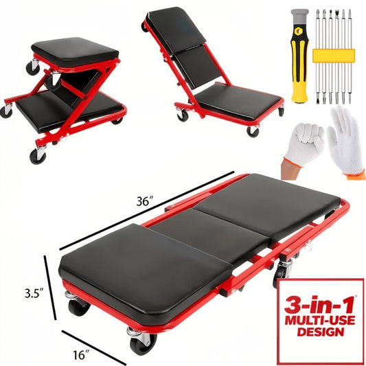 Mechanic Creeper 36-Inch Z-Crawl Folding – Adjustable Load Board, 6-Wheel 2.5" Rolling Garage Repair Seat, Universal Fit with Optional Tool Kit Bundles