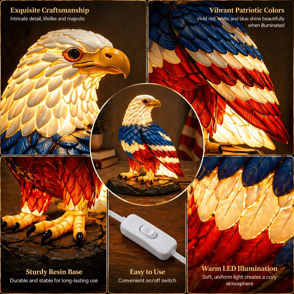 Night Light Stained-Glass-Effect Eagle Table Lamp with 3D Resin Form, Warm LED Glow and One-Piece Configuration