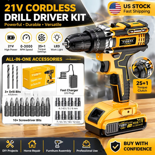 Cordless Impact Drill Set 21V – Electric Power Drill with 2.0Ah Battery, Fast Charger, Screwdriver Bits, Work Light, Variable Speed & Torque Control for Home & Car Repair, Men's Gift