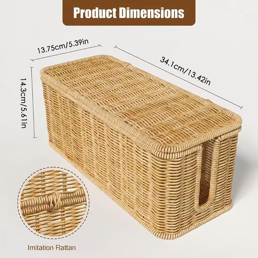 Rattan Cable Management Box with Lid Woven Cord Organizer – Stylish Power Strip Cover Wire Hider for Home Office Living Room Desk Bedroom, Conceals Surge Protectors & Data Cables, Boho Decor Gift