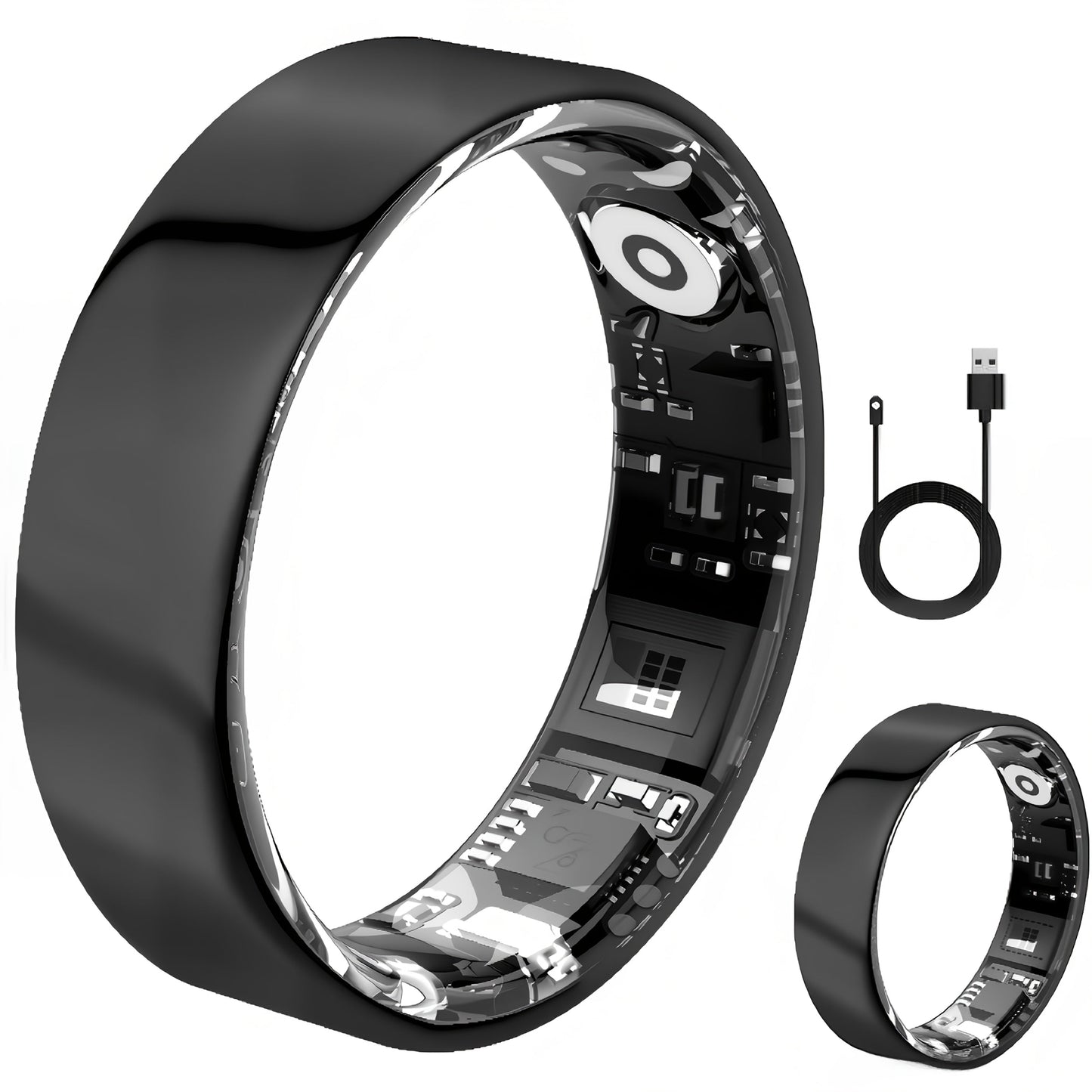 Smart Ring with Charging Case – Bluetooth 6.0 Fitness & Sleep Tracker, Steps, Calories, Remote Camera Control, iOS & Android Compatible, Sizes 7–13, Black Gold Silver