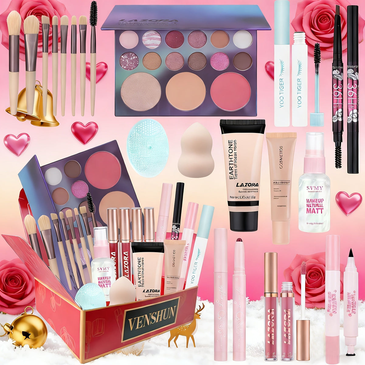 Full Face Makeup Gift Set for Women, Foundation, 18-Color Eyeshadow Palette, Coral Lipstick & Eyebrow Pencil