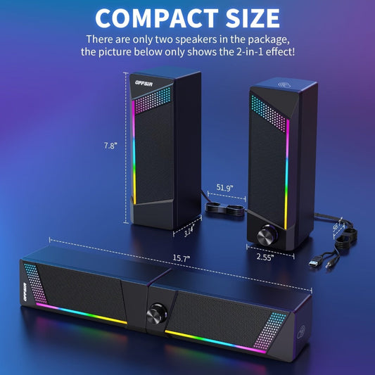 2-in-1 RGB Gaming Computer Speakers Wired, PC Desktop Laptop Soundbar with Subwoofer, Volume Control, RGB Ambient Light, USB Powered, 3.5mm Aux Input for Home Office Gaming
