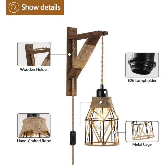 Plug In Wall Sconces Set of 2 or 1 – Rustic Farmhouse Wall Lamp with Metal Cage & Wooden Bracket, Plug-Into-Outlet Hanging Light for Bedroom, Living Room & Headboard