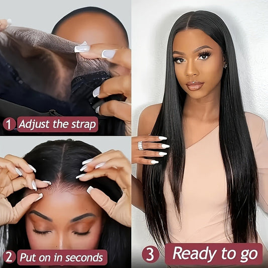 Straight Human Hair Wig 5x5 HD Lace Closure Glueless Pre Bleached Knots Pre Plucked Baby Hair Natural Black 16-34 Inch | Wear and Go Elegant Natural Look
