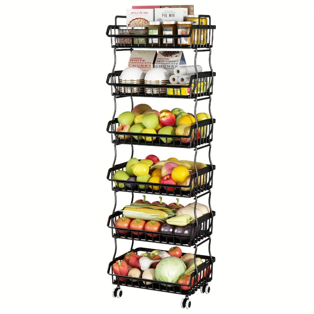 6-Tier Stackable Metal Wire Storage Basket Organizer with Wheels - Rolling Kitchen Pantry Rack for Fruits Vegetables Utensils, Space-Saving Open Shelf