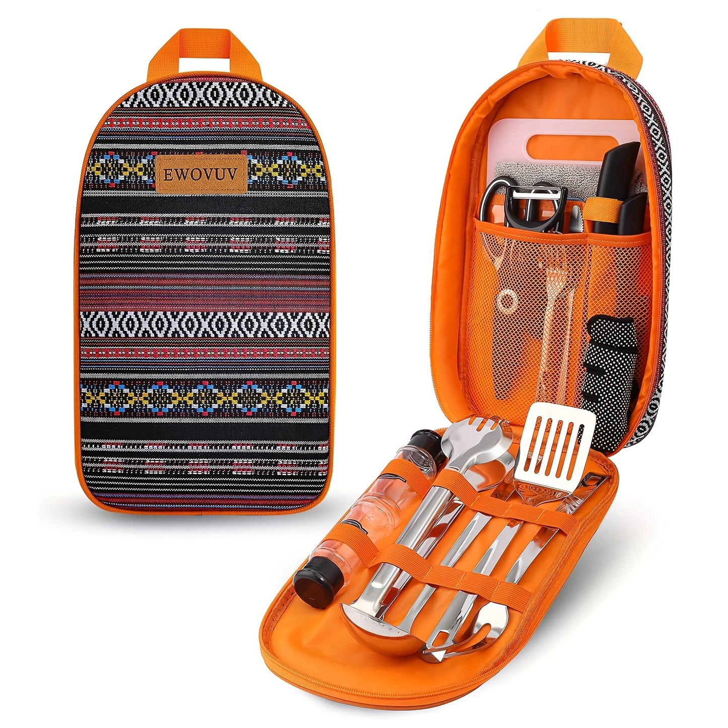 Camping Cookware Set, 17-Piece Bohemia Pattern Camp Kitchen Utensil Kit with Knives, Flatware and Organizer Case