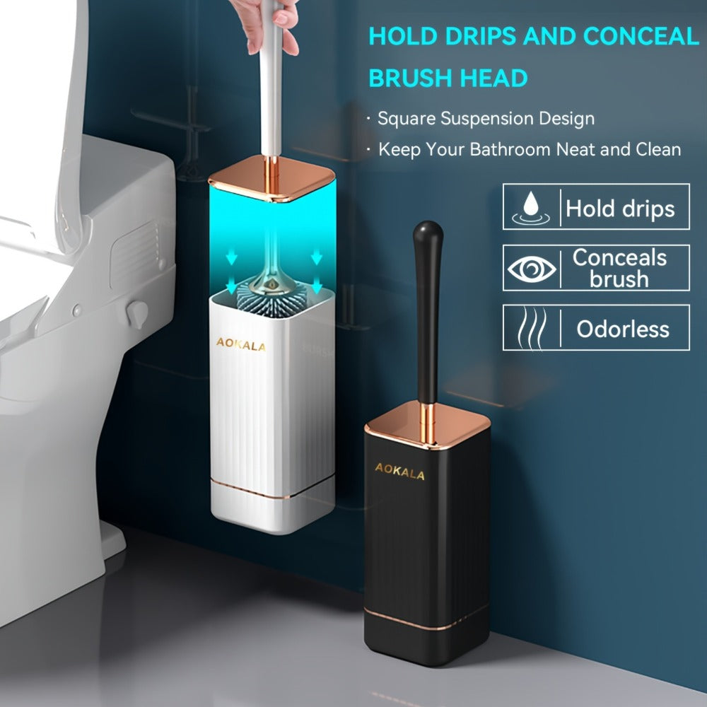 Black TPR Silicone Toilet Brush and Covered Holder Set with 41cm Handle for Bathroom Floor Storage