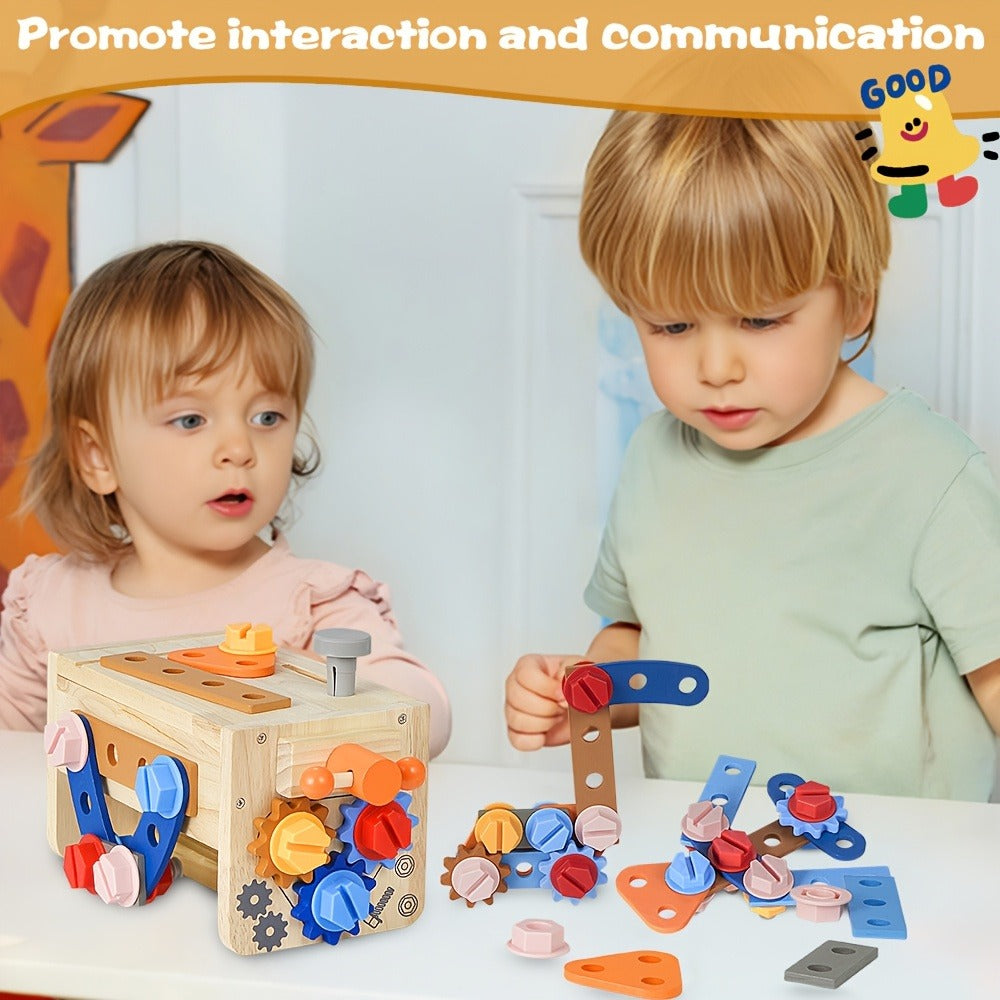 39-Piece Wooden Pretend Tool Set with Vest, Toolbox, Instruction Sheet and Six Example Builds