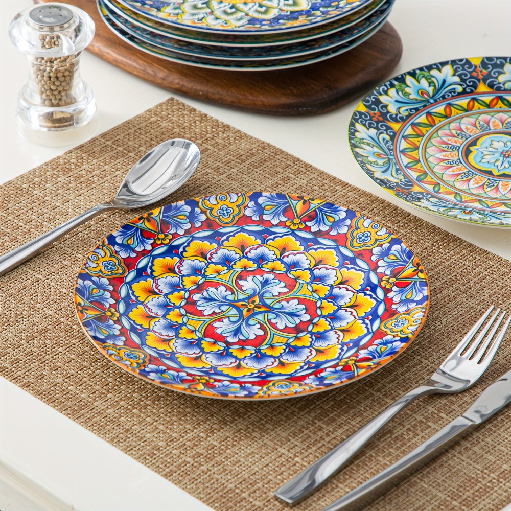 Bohemian Ceramic Dessert Plate Set of 6 - 8.5 Inch Colorful Abstract Pattern Dinnerware, Glazed Porcelain Plates