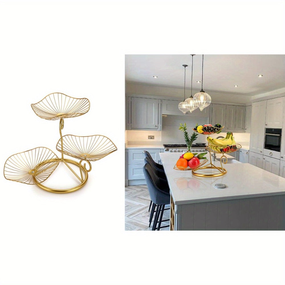 Three-Tier Golden Metal Wire Fruit Basket Stand with Lotus-Leaf Bowls, 46.5 cm Wide Countertop Design