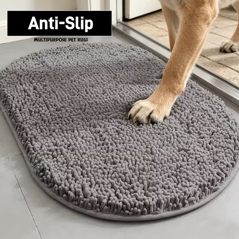 Indoor Door Mat in Chenille, Gingham Dog Paw Entryway Rug in Rectangular or Oval Shapes for Home Entrances