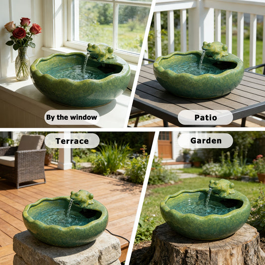Ceramic Solar Fountain with Battery Backup – Frog Bird Bath
