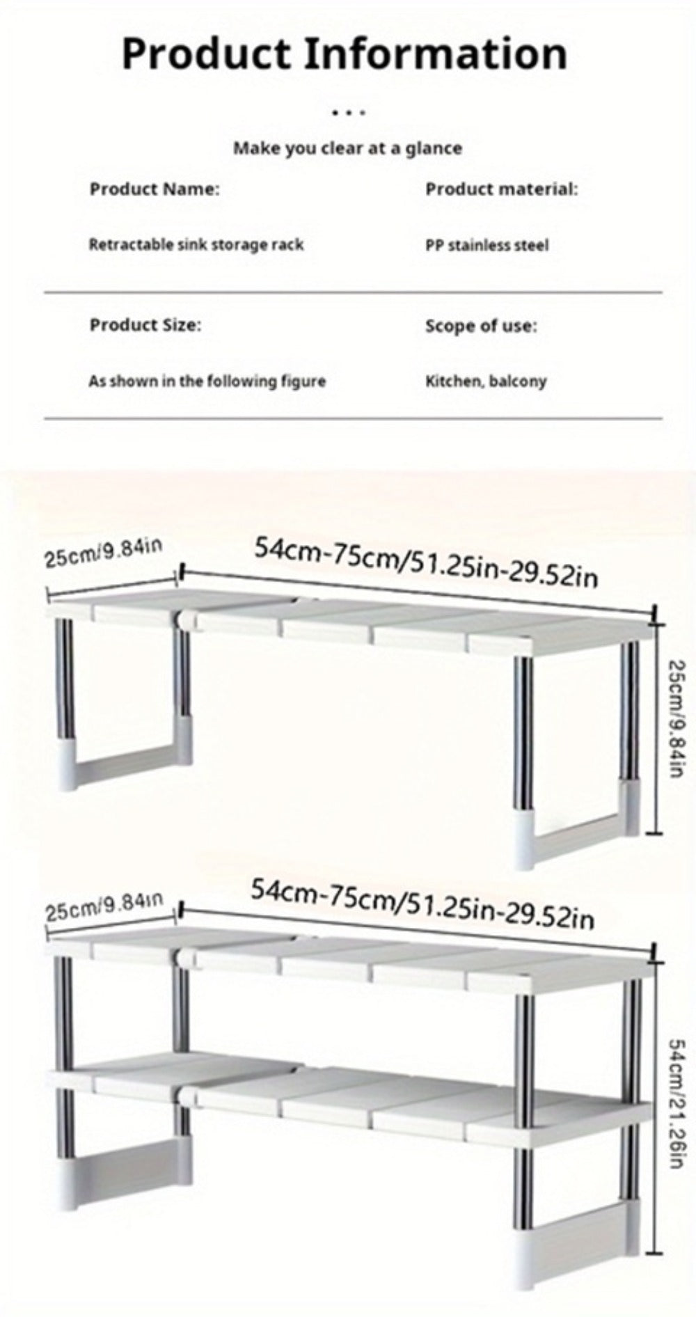 Adjustable Under-Sink Organizer with White Single-Layer Sliding Panels, Metal-Look Supports and Central Plumbing Gap