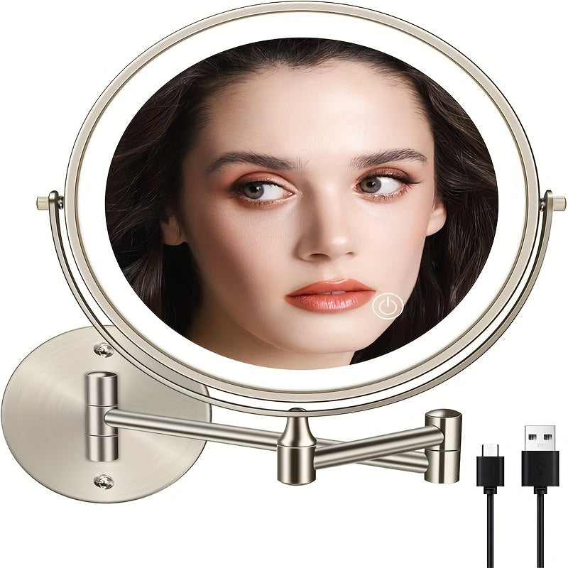 Makeup Mirror Wall-Mounted 8-Inch Dual-Sided 1X and 10X with Three Light Colors, Touch Dimming and USB Charging