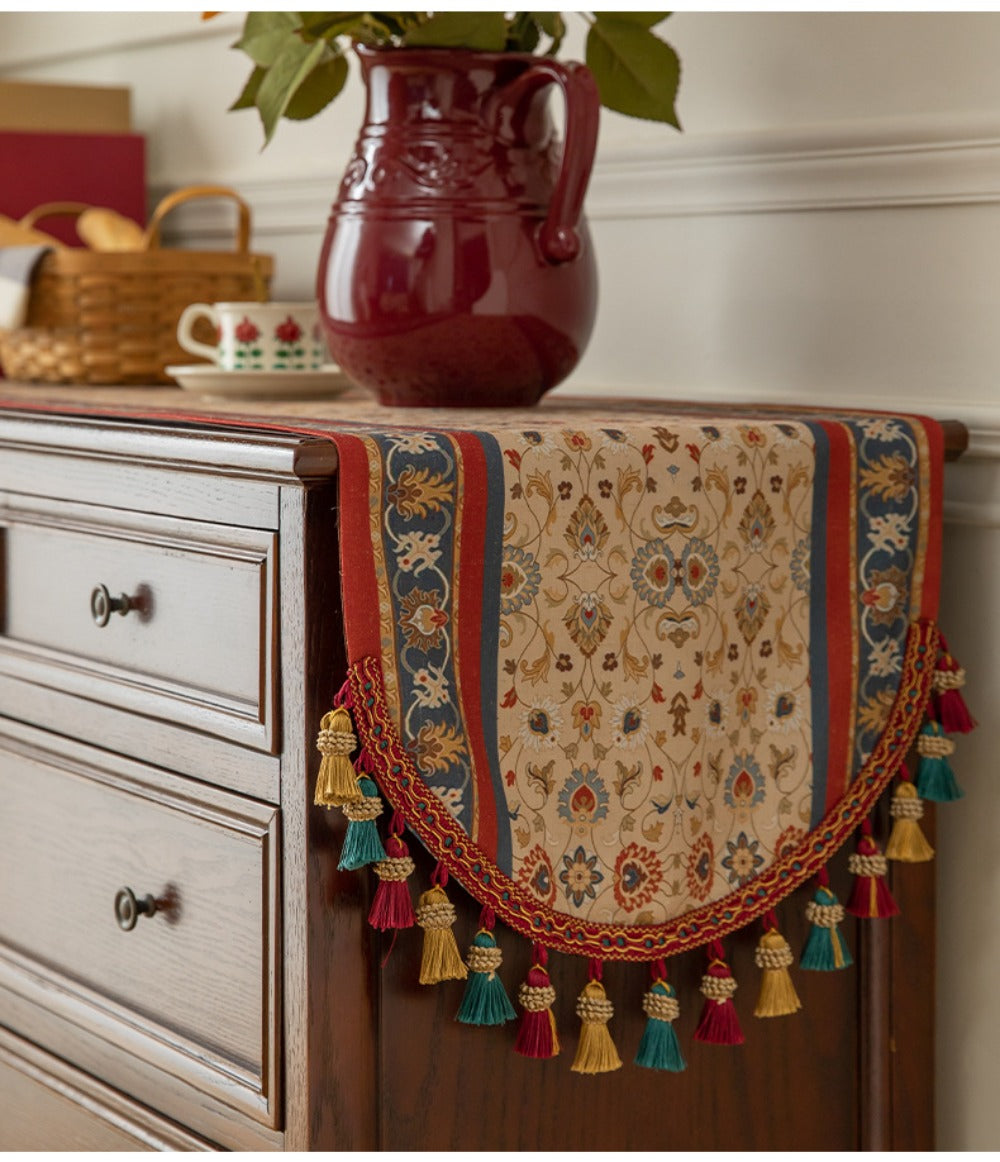 Tasseled Floral Table Runner with 15.75-Inch Width and Three Length Options for Dining Tables