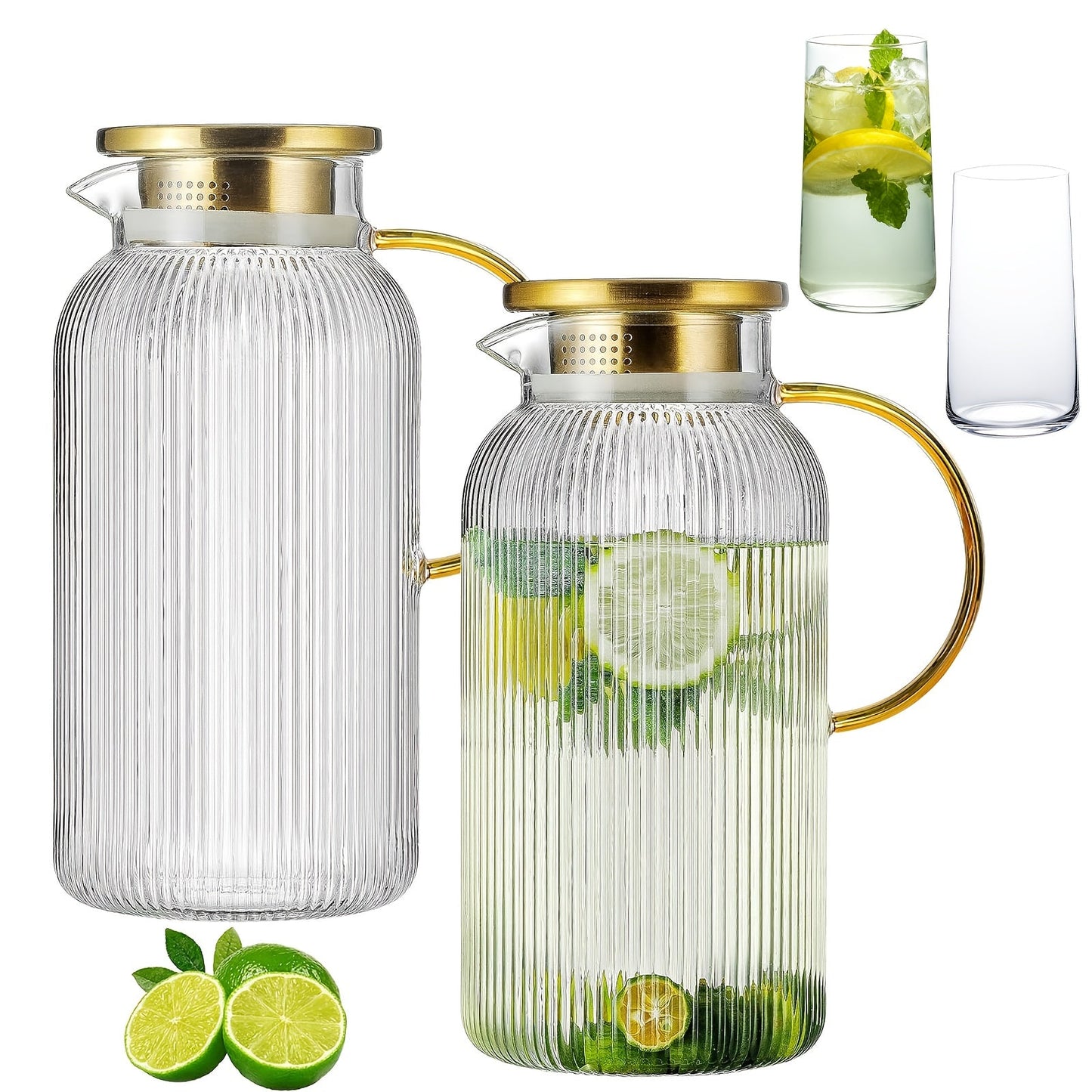 Ribbed 68-Ounce Glass Pitcher Set in Two- or Four-Pitcher Packs or Two Pitchers with Two Cups
