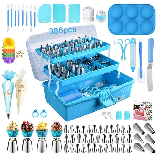 386 Pcs Cake Decorating Baking Set with Piping Nozzles & Frosting Tips – Complete Beginner Baking Tool Kit with Floral Nozzles, Pastry Tips & Decorating Tools