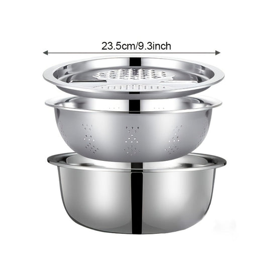 Stainless Steel Kitchen Tool Set 3pcs – Built-In Grinder, Colander Filter & Mixing Bowl for Washing, Slicing & Draining Fruits, Vegetables & Cheese, Food-Safe Drainage System
