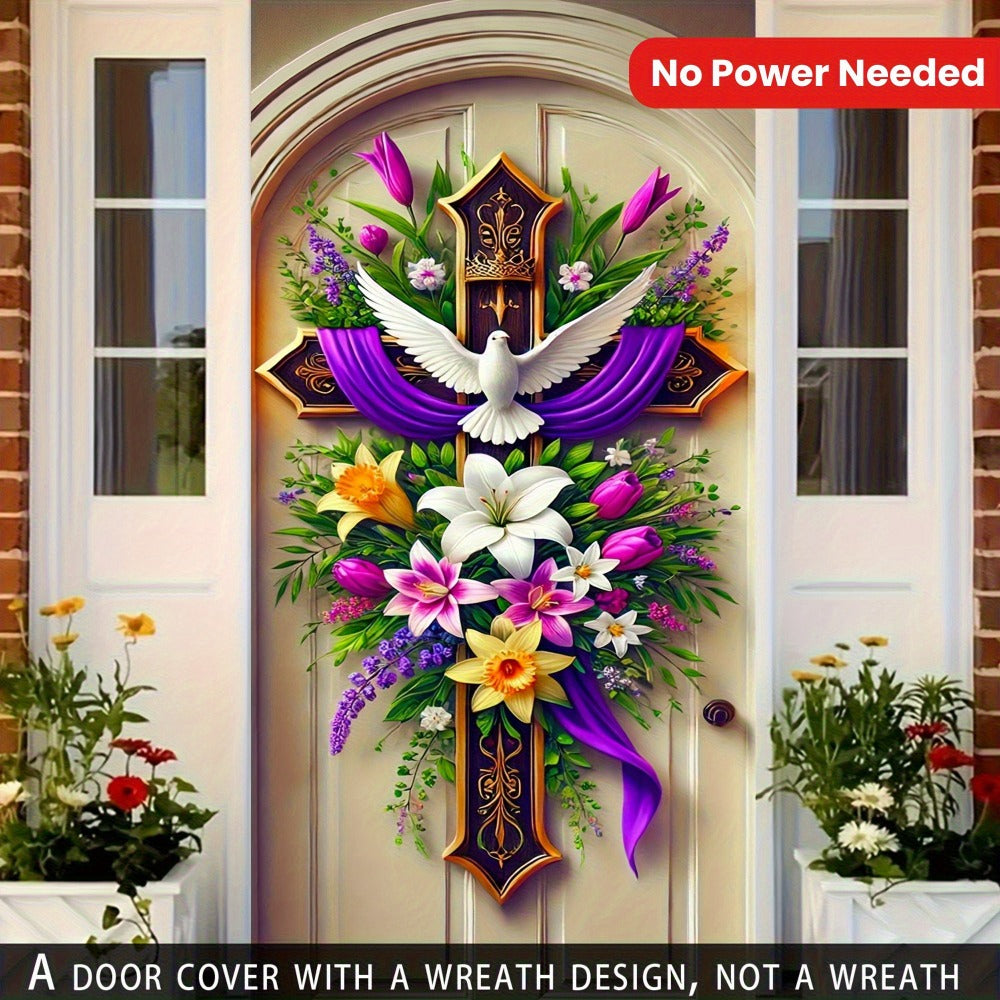 Easter Door Curtain Decoration with Dove, Floral and Cross Pattern, 35.4 x 70.8 Inches for Home or Party Display