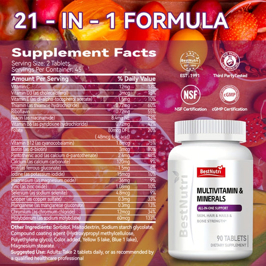 Multivitamin & Minerals All-in-One Daily Supplement for Skin, Hair & Nails, Bone Strength & Immune Support – Complete Nutrition Capsules for Women & Men by Bestnutri