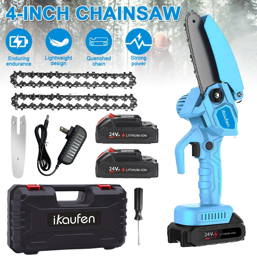4-Inch Mini Cordless Chainsaw Kit in Yellow, Black or Blue with Two Batteries, Three Chains and Carry Case