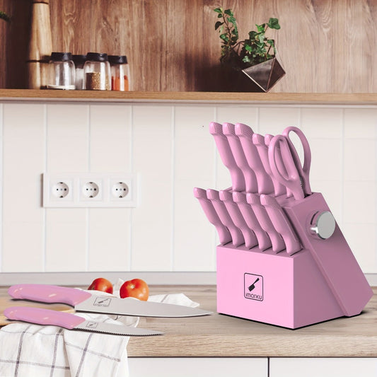Knife Block Set 14 Piece Pink – Japanese Stainless Steel Kitchen Knife Set with Built-in Sharpener, Non-Slip Ergonomic Handles, Dishwasher Safe, Perfect Holiday & Housewarming Gift for Women