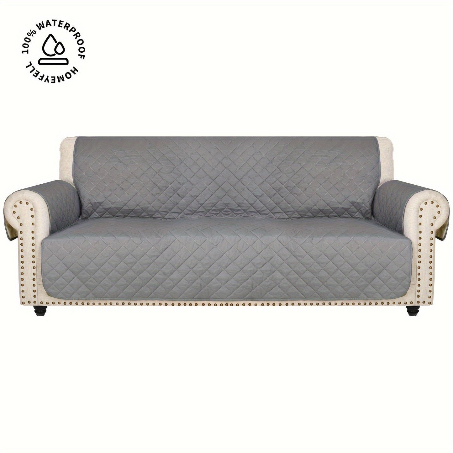 Sofa Cover Waterproof Quilted Microfiber Three-Seat Panel Set with Two Foam Tubes, Straps and Side Pocket