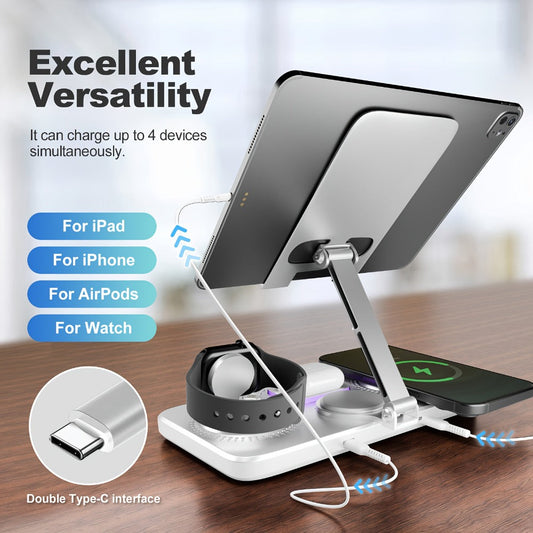 6-in-1 Wireless Charging Station with Clock Display & Atmosphere Light 15W Fast Charger Dock – Tablet Stand, Charges 4 Devices at Once | iPhone 17/16/15/14/13/12, Apple Watch, AirPods | Black & White