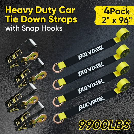 Wheel Straps Ratchet Tie Down 4-Pack 9,900 lb Break Strength 2"x96" with Snap Hooks Anti-Slip Design – Heavy Duty UTV ATV SUV Truck Car Trailer Transport Straps