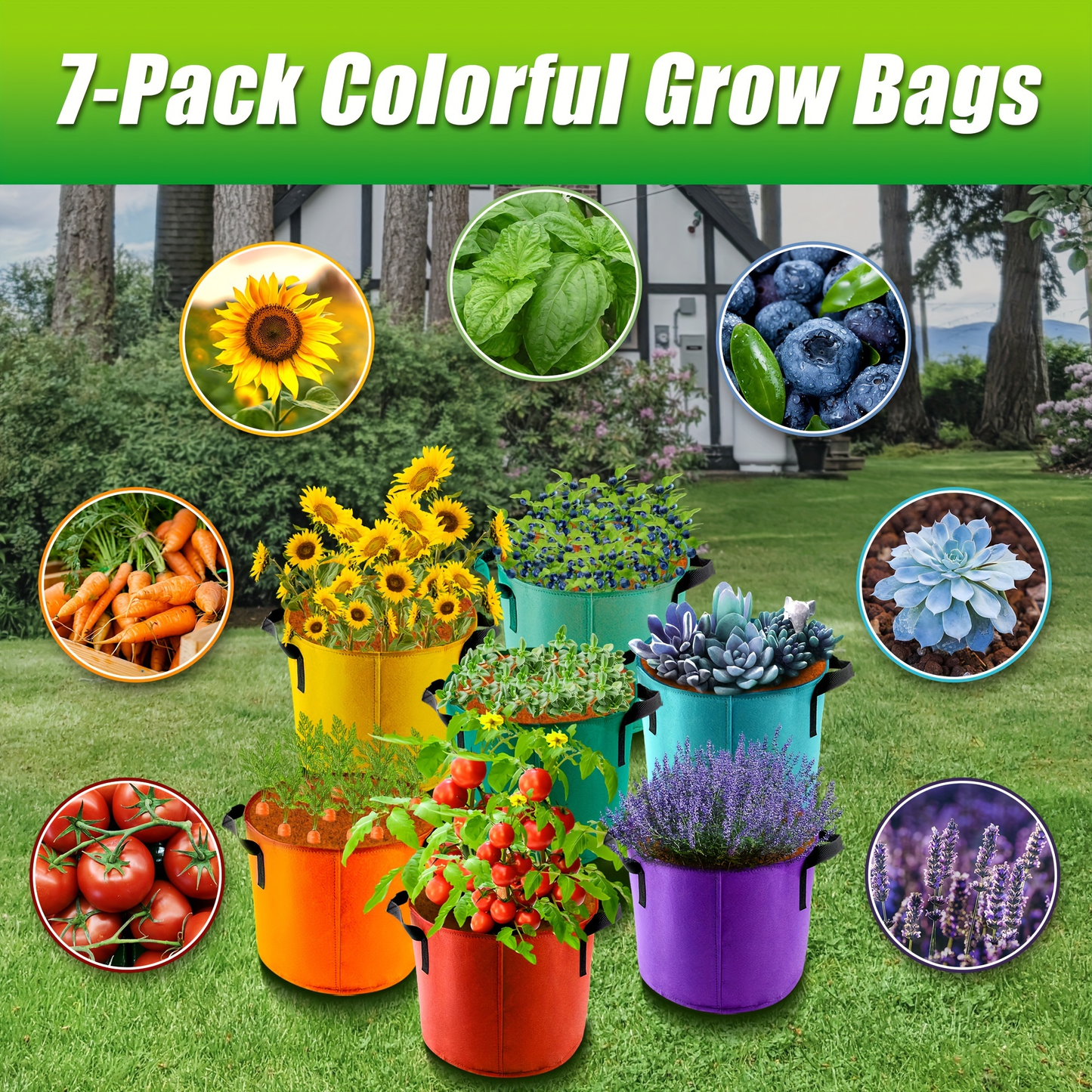 Seven-Color 10-Gallon-Labeled Grow Bag Set with Side Handles, 16-Inch Diameter and 12-Inch Height