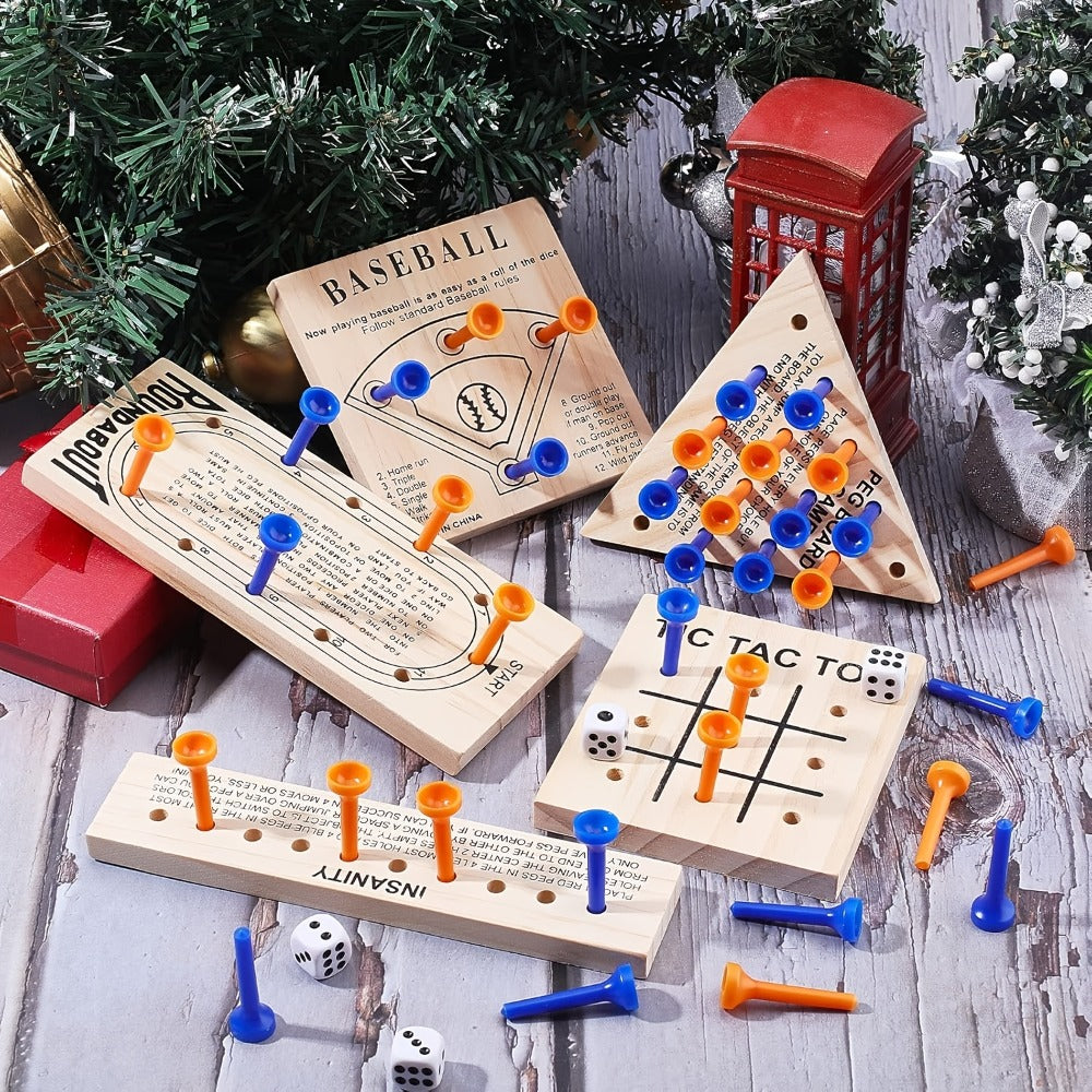 Five-Game Wooden Tabletop Set with Peg Boards, Dice and Playing Pieces for Adult Strategy and Family Game Nights