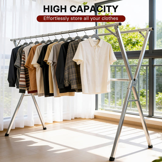 Foldable Clothes Drying Rack 3-Bar – Heavy Duty Stainless Steel Collapsible Laundry Rack, Retractable 63" or 79" for Indoor & Outdoor Use – Freestanding Portable Clothesline Drying Rack