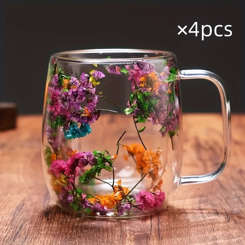 Double-Wall Glass Coffee Cup Set, Four-Piece Floral and Petal Design Mugs with Clear Handles for Tea and Lattes