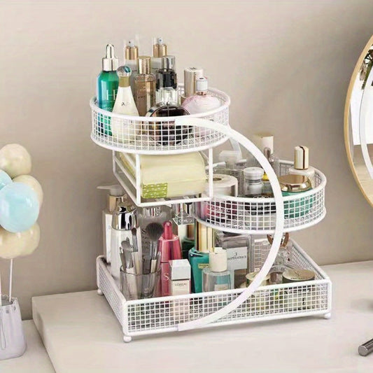 3-Tier Metal Cosmetic Organizer with Tissue Box Holder No-Installation Countertop Makeup Skincare Storage Rack for Bathroom Dresser Vanity Table Black White