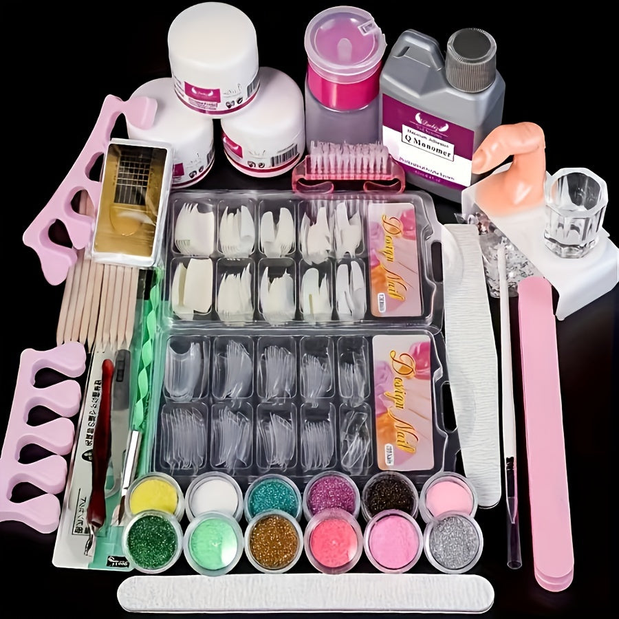 Acrylic Nail Kit with 12 Glitter Colors, Clear Pink White Powders, Liquid Monomer, Tips and Application Tools