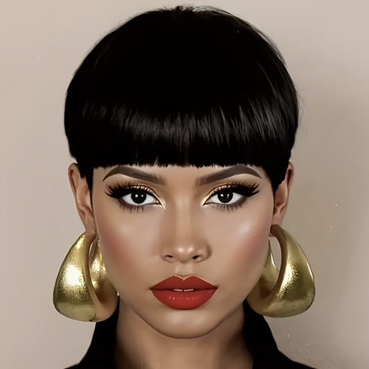 Human Hair Pixie Cut Wig with Bangs 180% Density No Glue Machine Made Breathable Cap Women Black Burgundy 6 Inch Heat Friendly Natural Look Daily Wear Party