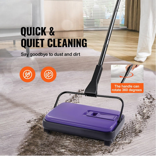 Manual Carpet Sweeper Push Non-Electric 300ml Dustbin 6.7in Width 180° Rotating Head Quiet Floor Sweeper for Home Office Pet Hair Hardwood Tile