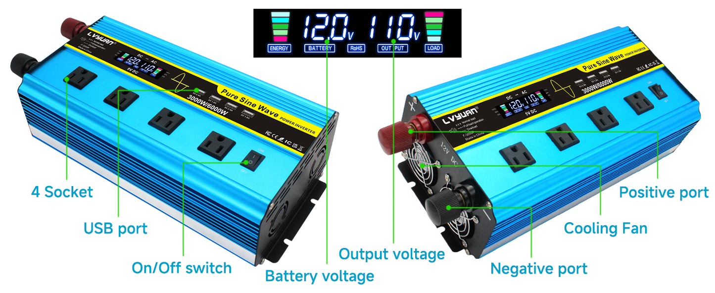 Blue 12V or 24V DC to 110V AC Power Inverter with LCD, Four AC Receptacles and Remote Presentation