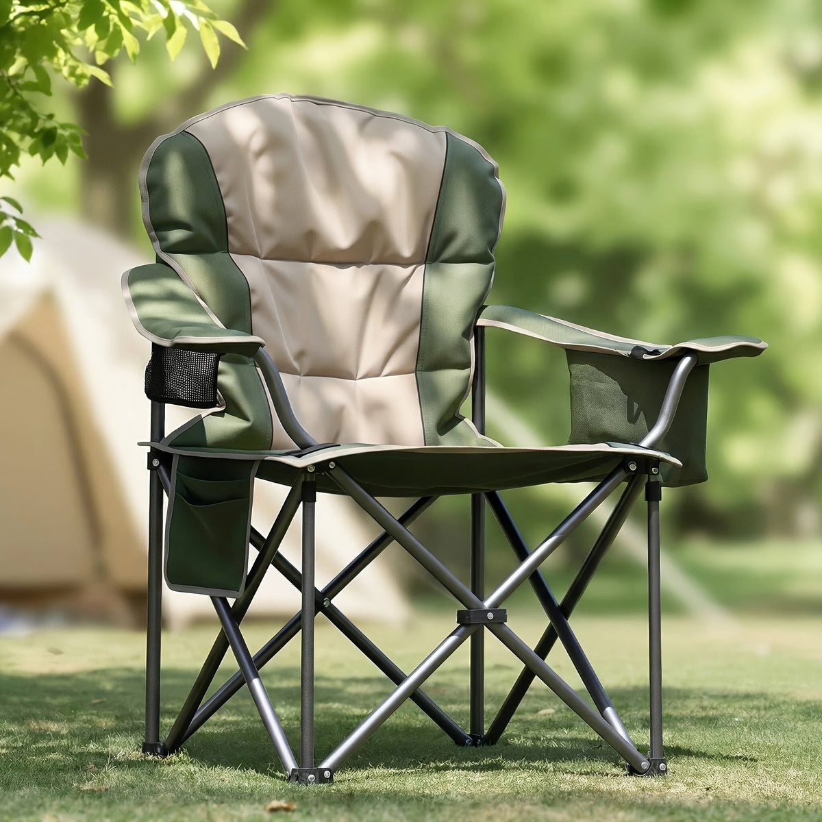 Padded Folding Camping Chair with 26.38-Inch Back, Cup Holder, Side Storage and Seven Color or Pair Options
